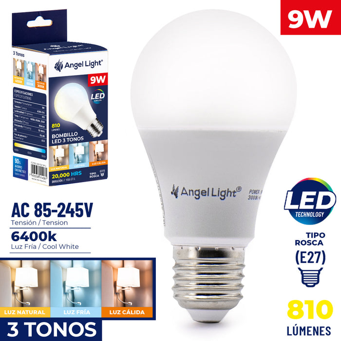 BOMBILLO LED ANGEL LIGHT 9W 3 TONOS (F. 100 PZA)
