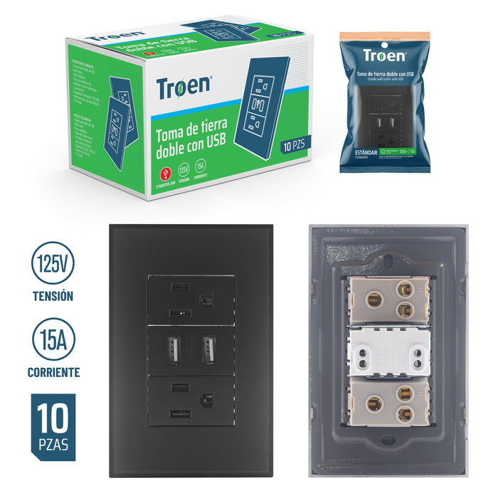 TOMACORRIENTE DOBLE C/USB TROEN NEGRO (F. 120 PZA)