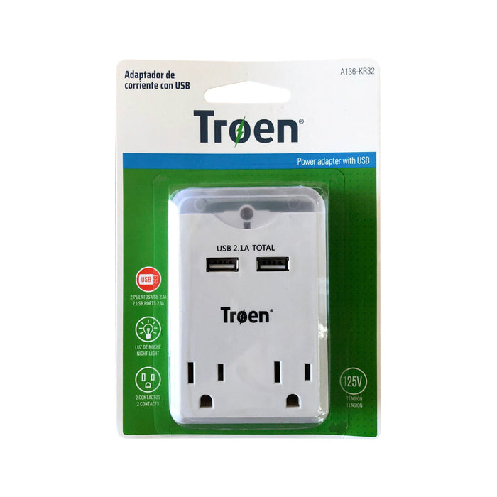 ADAPTADOR DE CORRIENTE TROEN CON USB 2.1A (F. 50 PZA)