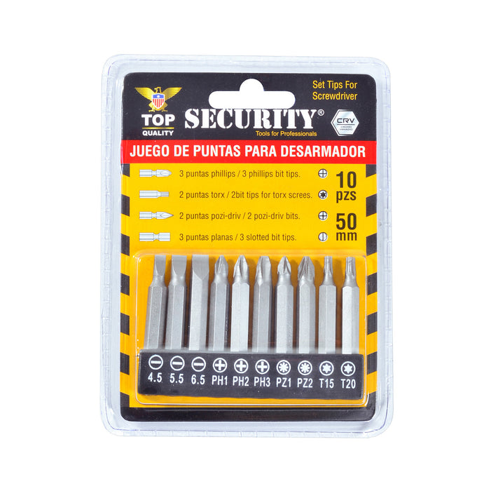 JUEGO DE PUNTAS PARA DESTORNILLADOR SECURITY 10 PIEZAS (F. 120 SETS)