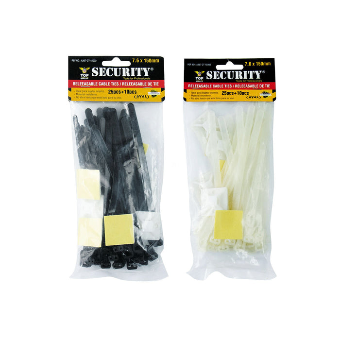 CINCHO PLASTICO SECURITY NEGRO-BLANCO CON ABRAZADERA PEGABLE 7.6X150 MM (F. 100 BAG)