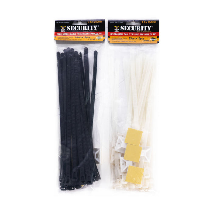 CINCHO PLASTICO SECURITY NEGRO-BLANCO CON ABRAZADERA PEGABLE 7.6X250 MM (F. 100 BAG)