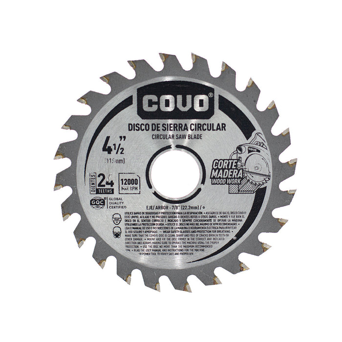 DISCO COVO DE SIERRA CIRCULAR PARA CORTE DE MADERA 4.5plg. (F. 100 PZA)