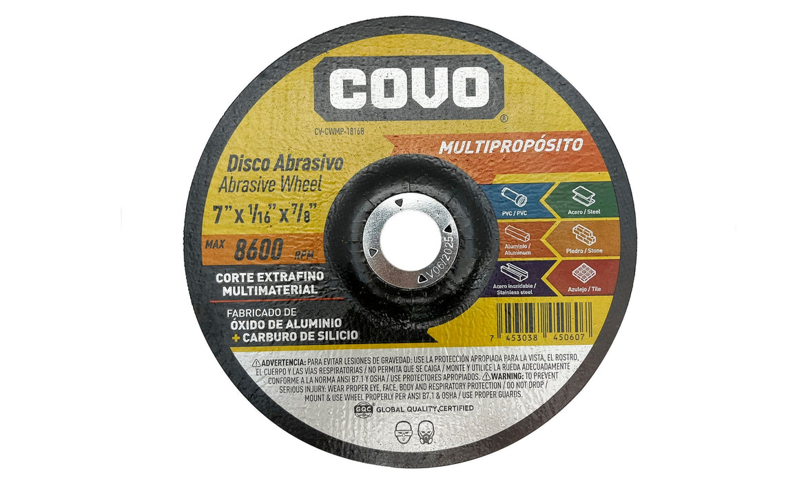 DISCO ABRASIVO COVO CORTE EXTRAFINO MULTIMATERIAL 7"X1/16"X7/8" (F. 200 PZA)
