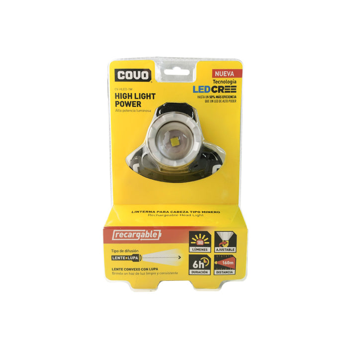 LINTERNA LED COVO PARA CABEZA TIPO MINERO RECARGABLE