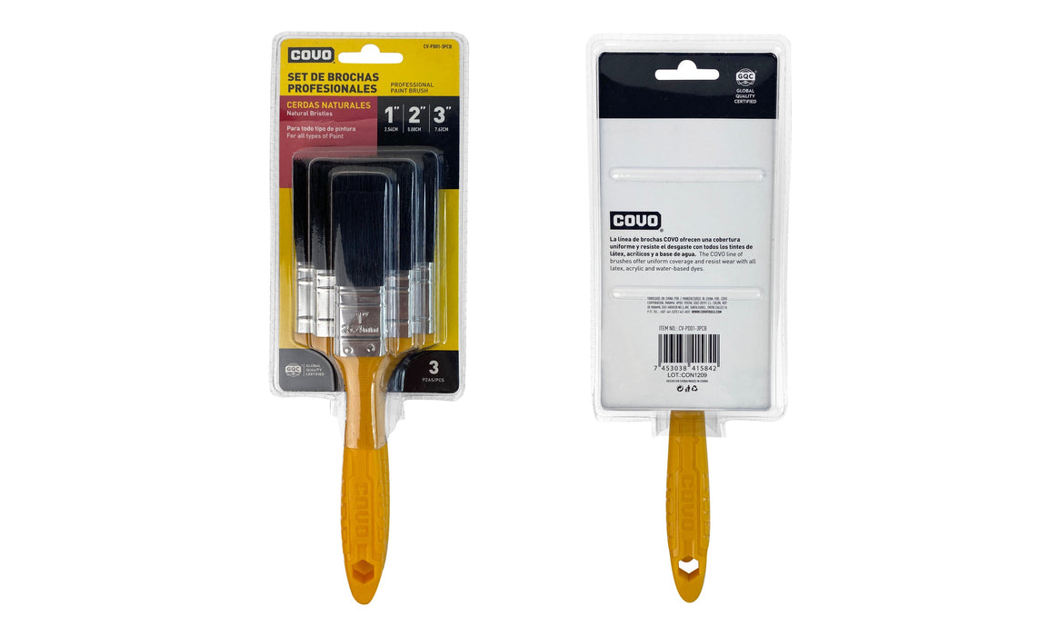 JUEGO DE BROCHAS COVO CERDAS NEGRAS 3 PIEZAS 1"-2"-3" (F. 72 SETS)