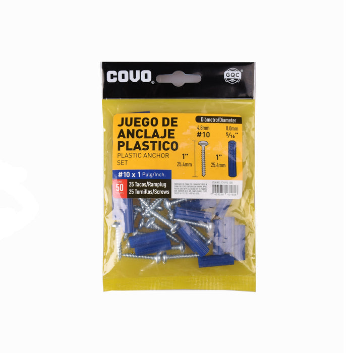 JUEGO DE ANCLAJE PLASTICO COVO #10X1plg. 50 PIEZAS (F. 168 BAG)