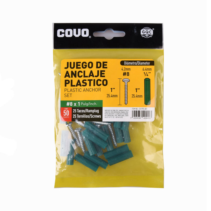 JUEGO DE ANCLAJE PLASTICO COVO #8X1plg. 50 PIEZAS (F. 168 BAG)