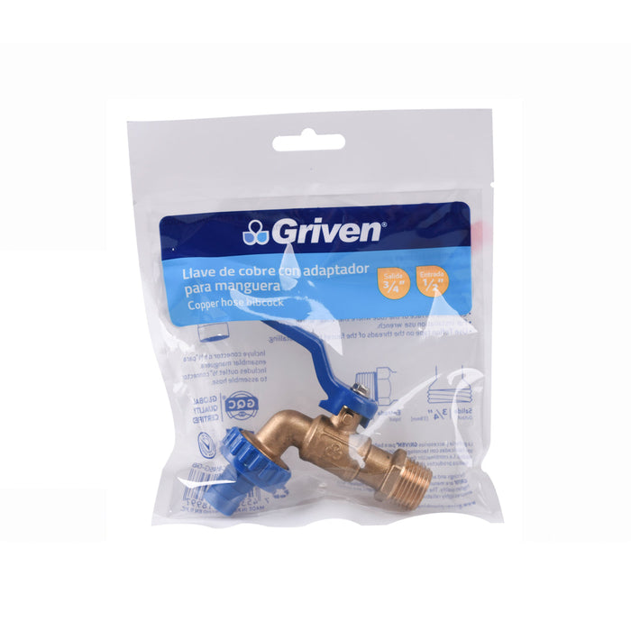 LLAVE DE COBRE GRIVEN CON ADAPTADOR PARA MANGUERA 3/4"X1/2"
