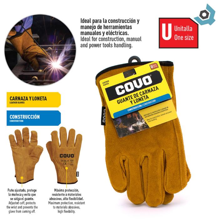 GUANTES TRABAJO PESADO COVO DE CARNAZA Y LONETA COLOR MOSTAZA (F. 72 PRS)