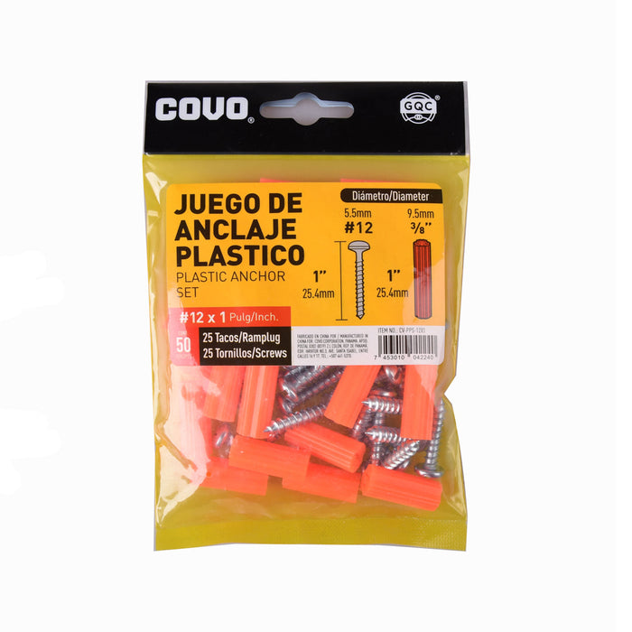 JUEGO DE ANCLAJE PLASTICO COVO #12X1plg. 50 PIEZAS (F. 144 BAG)