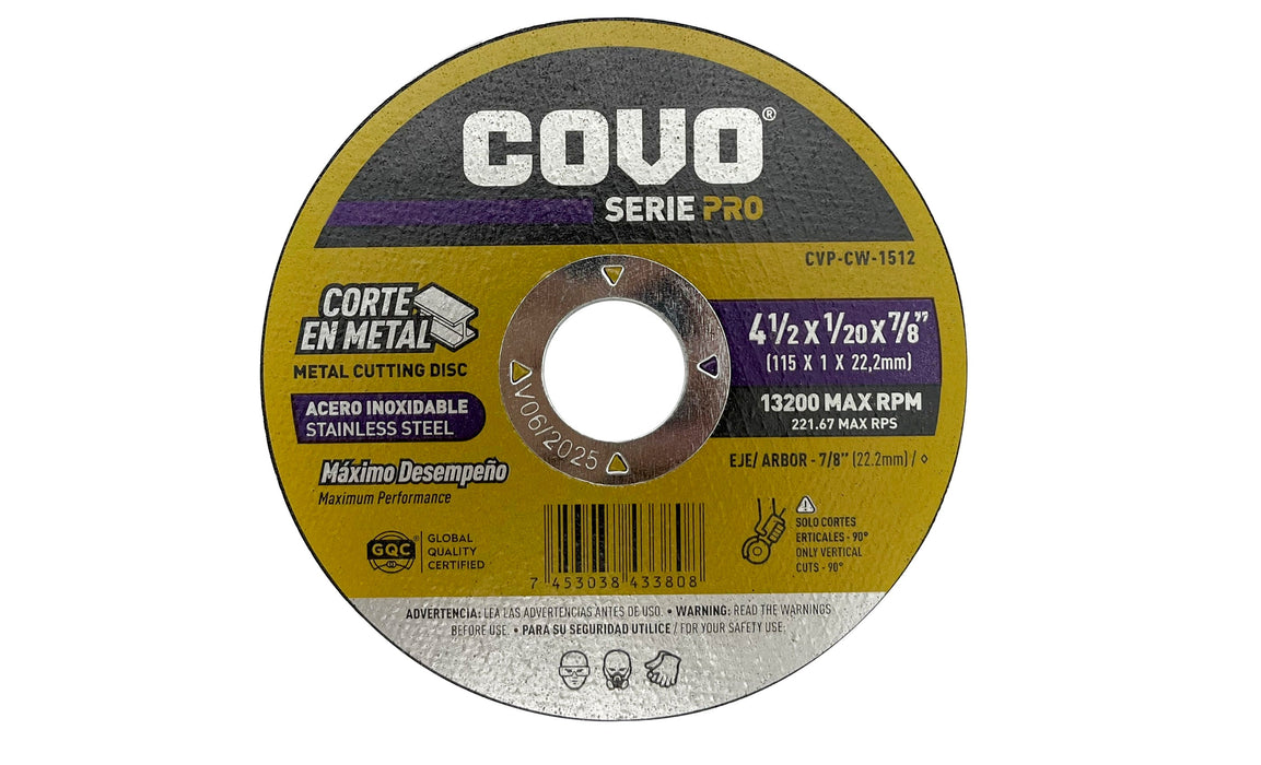 DISCO COVO SERIE PRO DE CORTE EN METAL 4 1/2"X1/20"7/8" (F. 400 PZA)