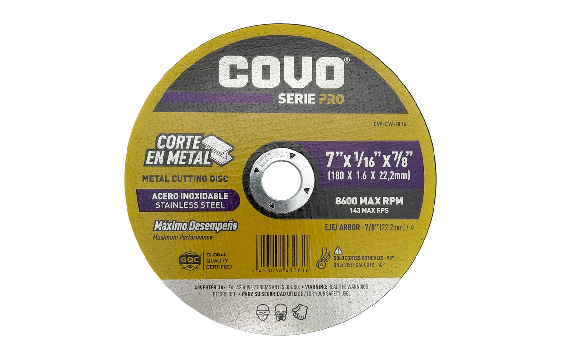 DISCO COVO SERIE PRO DE CORTE EN METAL 7"X1/16"7/8" (F. 200 PZA)